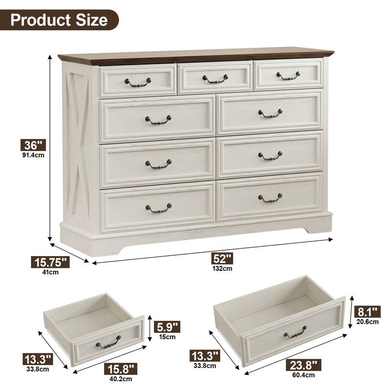 Product Size

- Height: 36" (91.4cm)
- Width: 52" (132cm)
- Depth: 15.75" (41cm)

Drawer Dimensions:
- Small Drawer: 13.3" (33.8cm) x 5.9" (15cm) x 15.8" (40.2cm)
- Large Drawer: 23.8" (60.4cm) x 8.1" (20.6cm) x 13.3" (33.8cm)