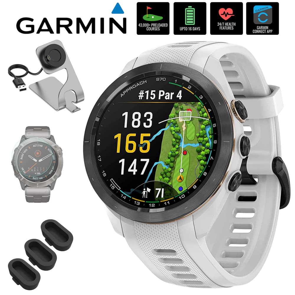 Bundle - Garmin - Approach S70 GPS Smartwatch 42mm Ceramic + Dock & Accessories - Black/Peach Ceramic Bezel with White Silicone Band - (2023) price history on PriceWatchPro