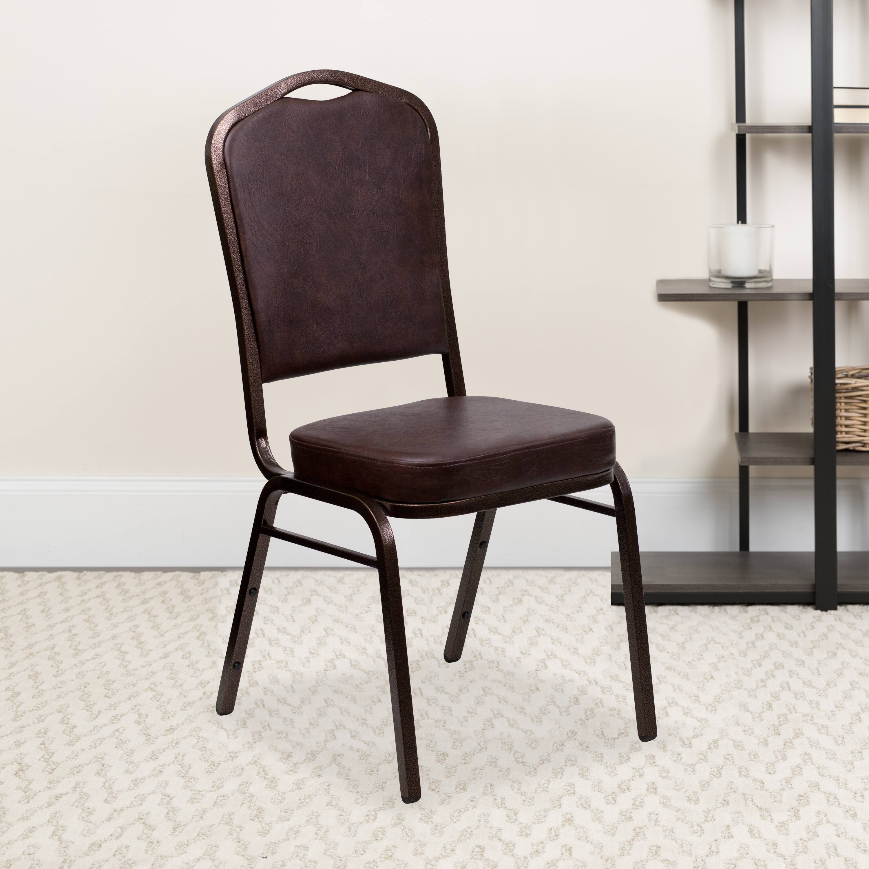 Alt View 2. Emma + Oliver - 4 Pack Crown Back Stacking Banquet Chair - Brown Vinyl/Copper Vein Frame.