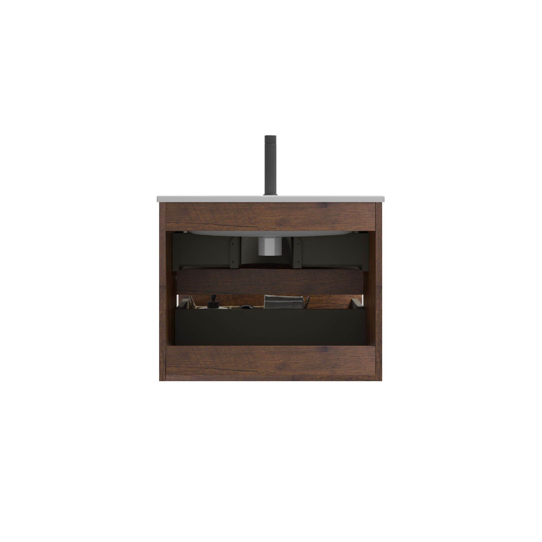 Alt View 5. Boyel Living - 24 Inch Walnut Bathroom Vanity with Ceramic Sink, Large Storage, Floating Design, One-Piece Basin, Pre-Assembled - Walnut.
