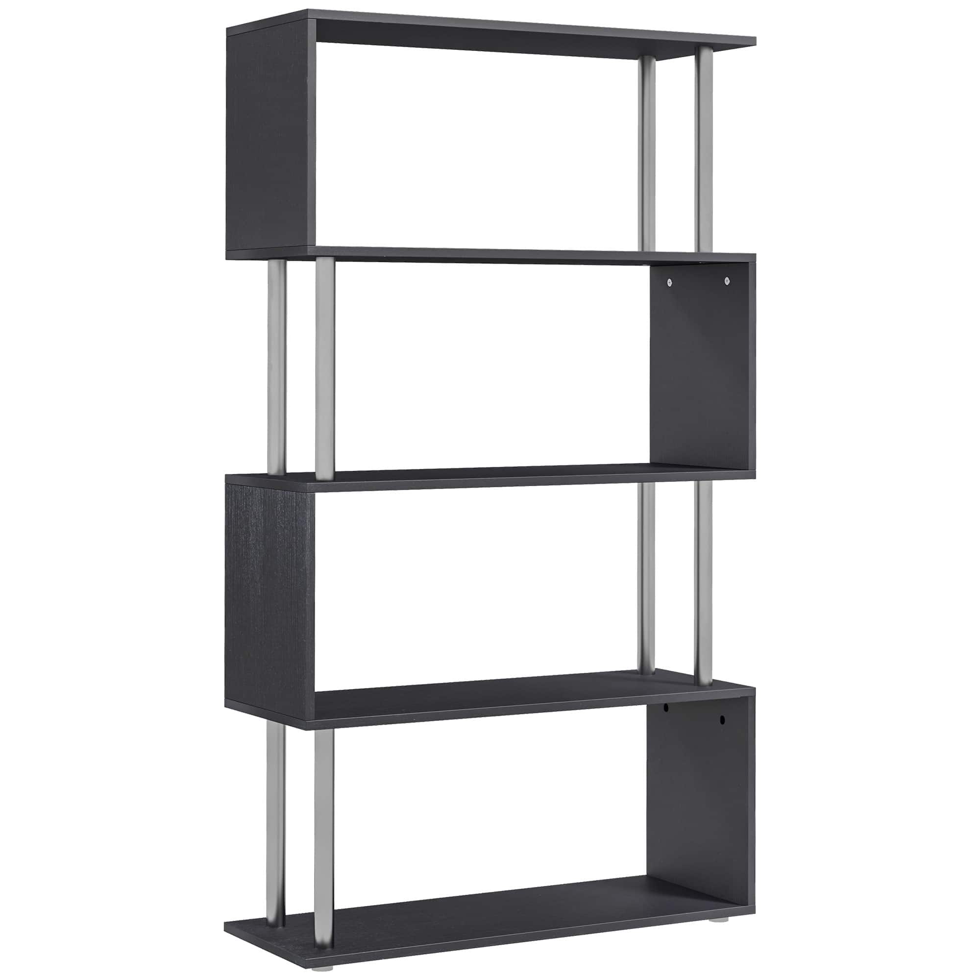 Homcom - Modern S-Shaped 5 Tier Room Dividing Bookcase Wooden Storage Display Stand Shelf - Black