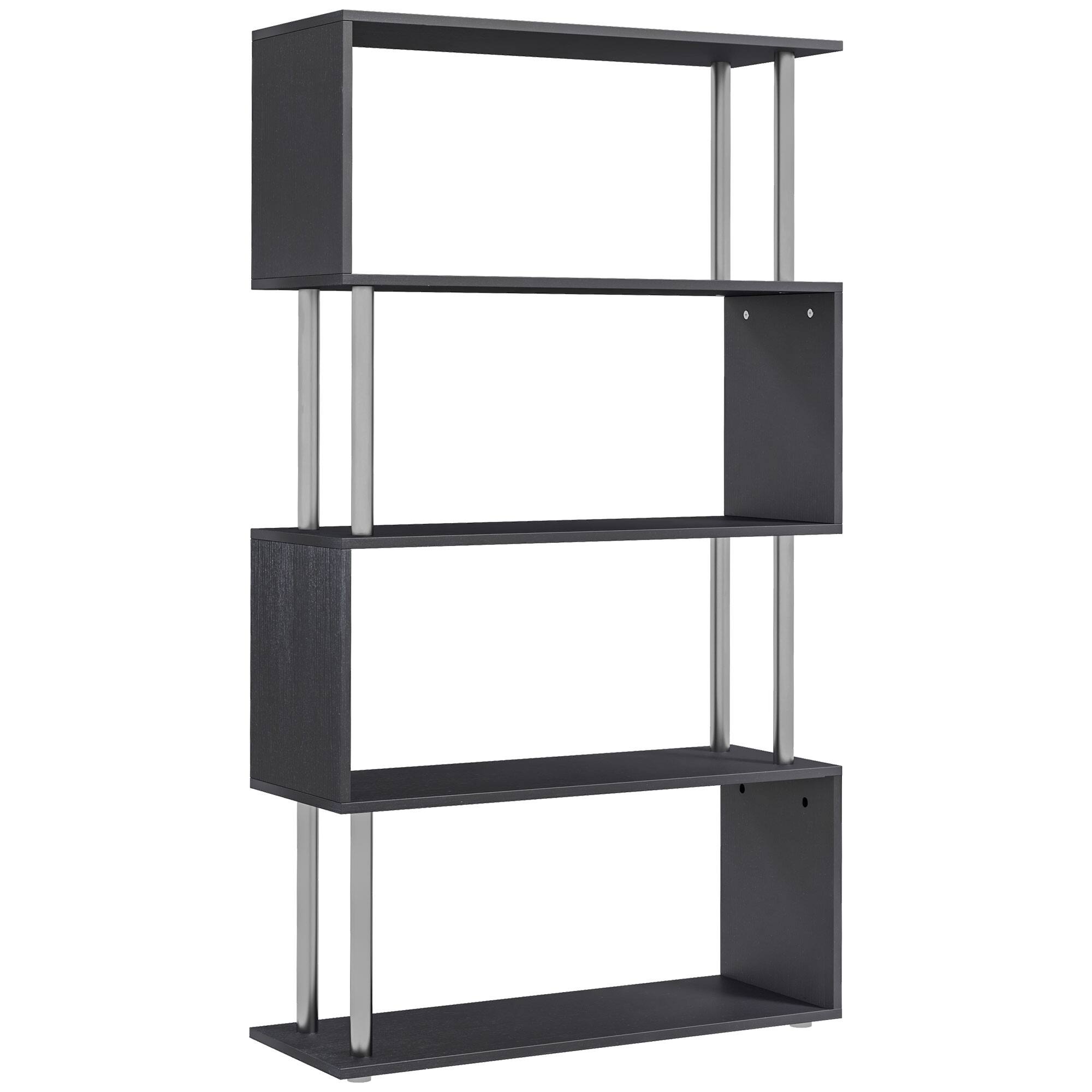Front. Homcom - Modern S-Shaped 5 Tier Room Dividing Bookcase Wooden Storage Display Stand Shelf - Black.