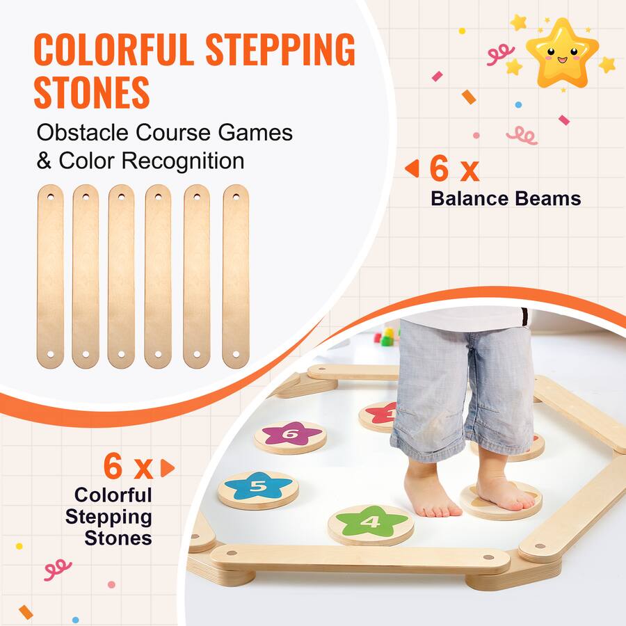 Color Stepping Game VEVOR Balance Beam Stepping Stones, 6 PCS Wooden Toddler Balance Boards ...