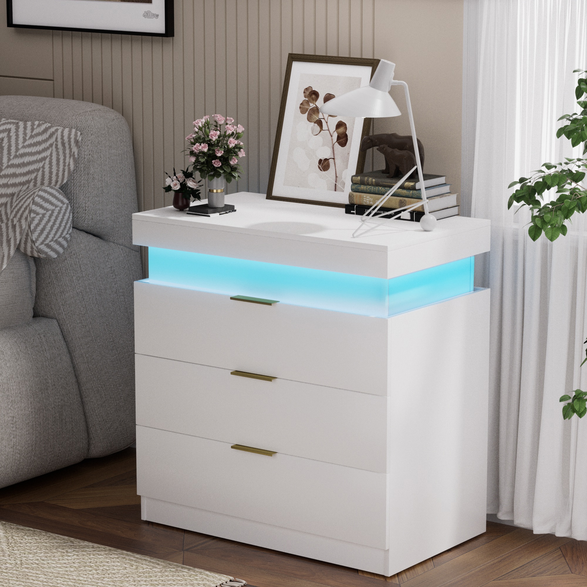 Front. Tiramisubest - Modern Nightstand with 3 Drawers,Charging Station and LED Lights,Night Stand with Sliding Top for Bedroom,White - White.