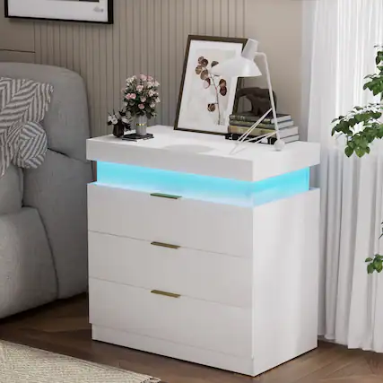 Front. Tiramisubest - Modern Nightstand with 3 Drawers,Charging Station and LED Lights,Night Stand with Sliding Top for Bedroom,White - White.