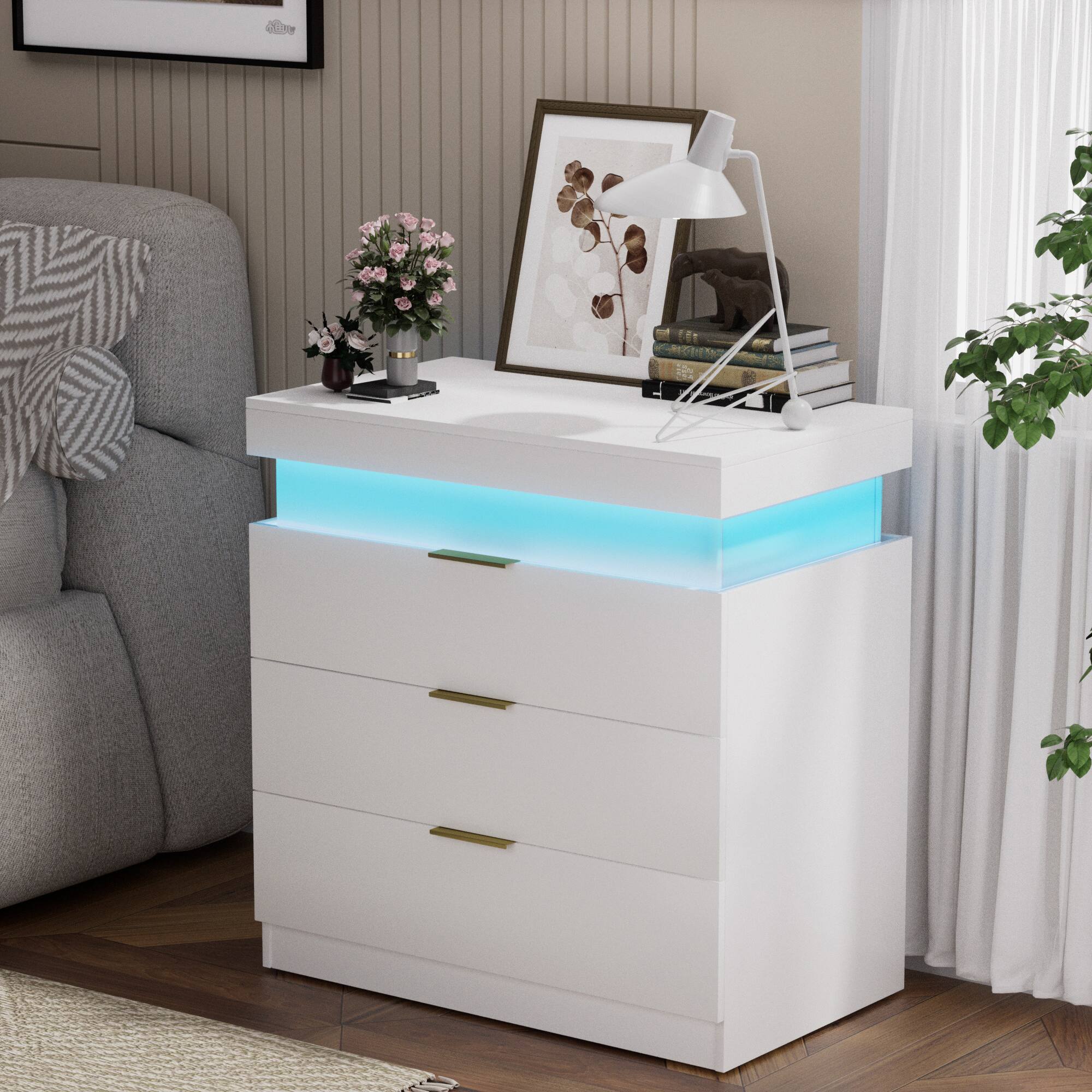 Tiramisubest - Modern Nightstand with 3 Drawers,Charging Station and LED Lights,Night Stand with Sliding Top for Bedroom - White
