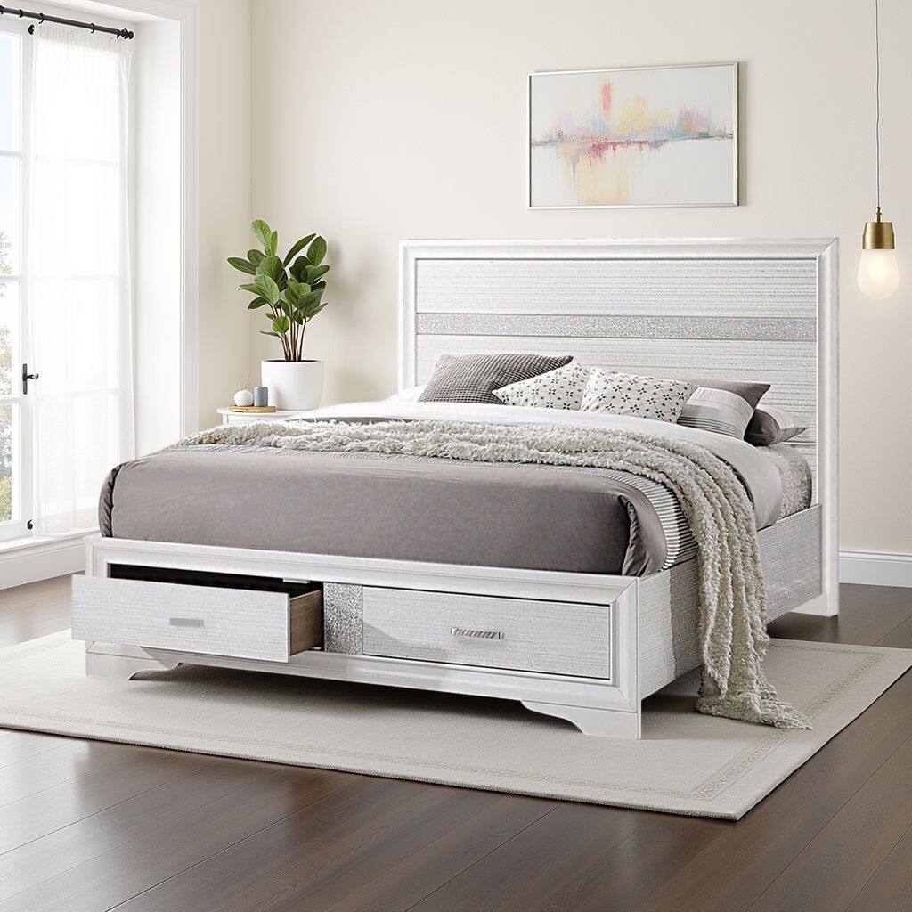 Alt View 5. Manhattan Lane - Contemporary Queen Bed with Drawers and Glittering Stripes - White.
