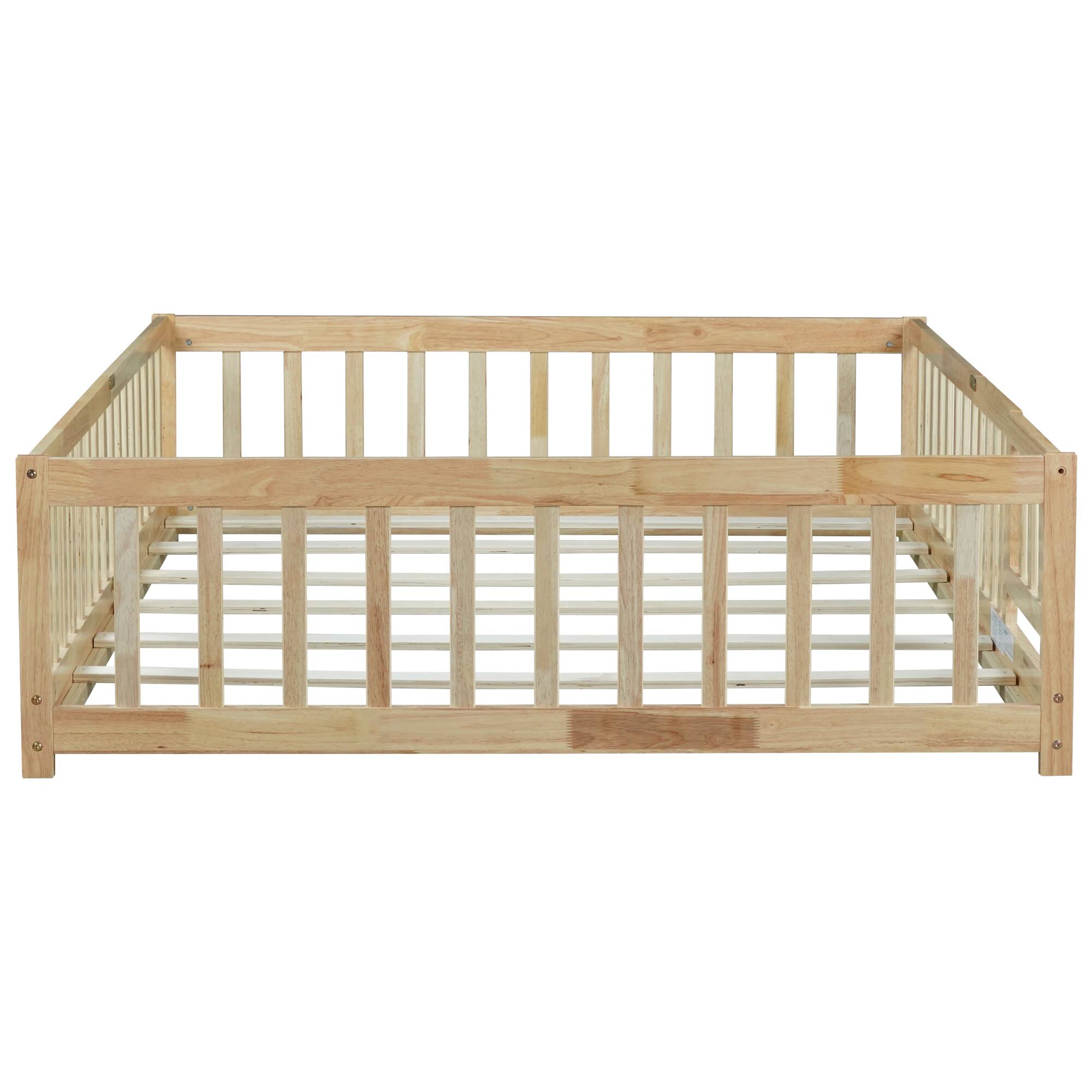 Alt View 10. GOODSILO - Full Size Floor Bed with Safety Fence and Revolving Door for Children, Sturdy Rubber Wood Construction - Natural.