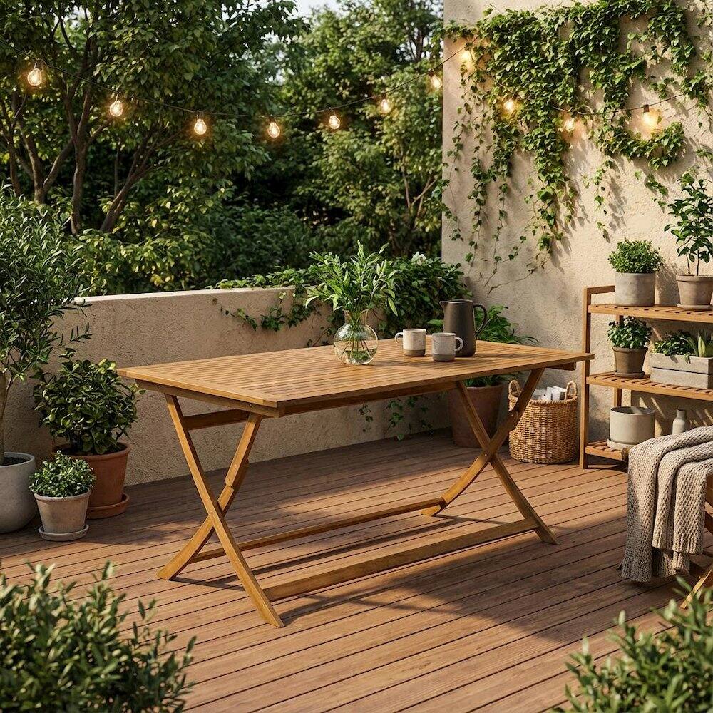 Alt View 2. Outdoor Escape - 7 Piece Clear Oil Bistro Table Set with 6 Folding Armchairs and Durable Finish - Natural Oil.