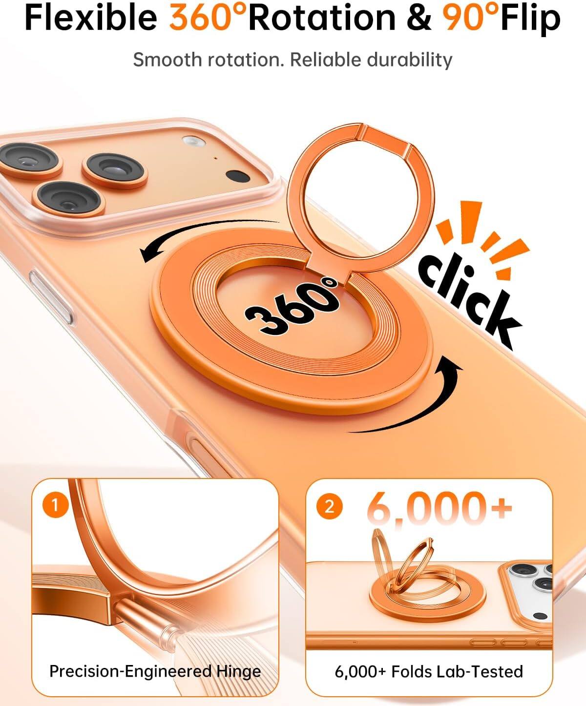 Flexible 360° Rotation & 90° Flip  
Smooth rotation. Reliable durability  

360° click  

1. Precision-Engineered Hinge  
2. 6,000+  
6,000+ Folds Lab-Tested