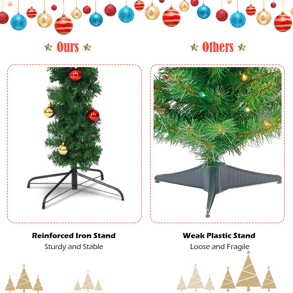 **Ours**

- Reinforced Iron Stand
  - Sturdy and Stable

**Others**

- Weak Plastic Stand
  - Loose and Fragile