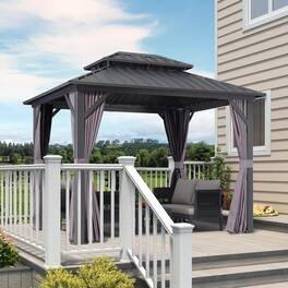 PURPLE LEAF - Outdoor Aluminum Hardtop Gazebo with Galvanized Steel Double Roof for Patio Deck with Netting and Curtains - 8' X 10'
