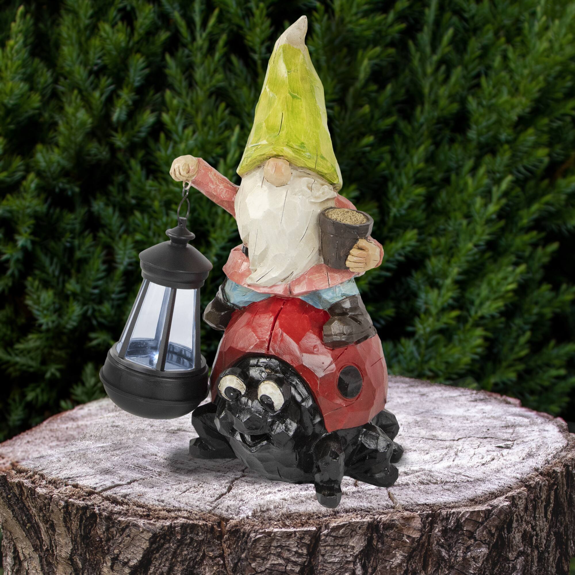Alt View 1. Northlight - 12.25" Solar LED Lighted Gnome and Ladybug Outdoor Garden Statue - Red.