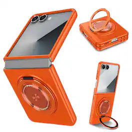 Dteck - Rugged Case for Samsung Galaxy Z Flip7, Magnetic Wireless Charger Anti-Scratch Ring Kickstand Shockproof Slim Cover - Orange