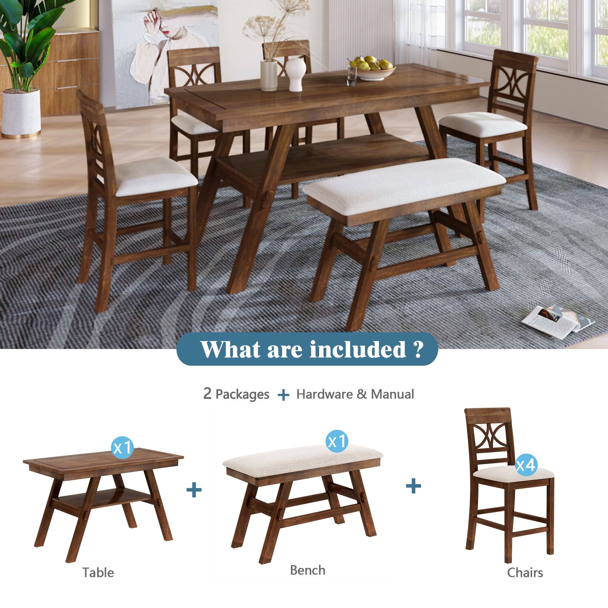What are included?

2 Packages + Hardware & Manual

- Table x1
- Bench x1
- Chairs x4