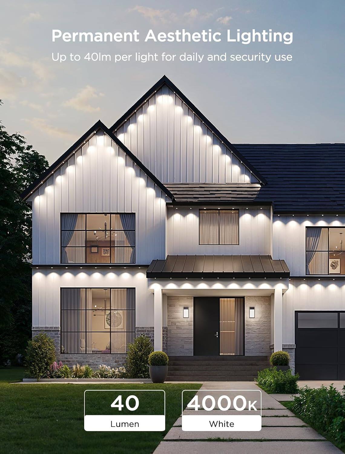 Permanent Aesthetic Lighting  
Up to 40lm per light for daily and security use  

40 Lumen  
4000k White