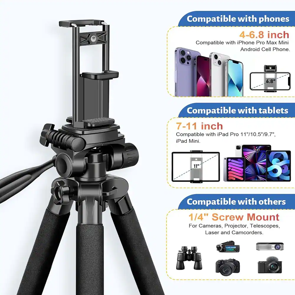 Compatible with phones  
4-6.8 inch  
Compatible with iPhone Pro Max Mini Android Cell Phone.  

Compatible with tablets  
7-11 inch  
Compatible with iPad Pro 11"/10.5"/9.7", iPad Mini.  

Compatible with others  
1/4" Screw Mount  
For Cameras, Projector, Telescopes, Laser and Camcorders.