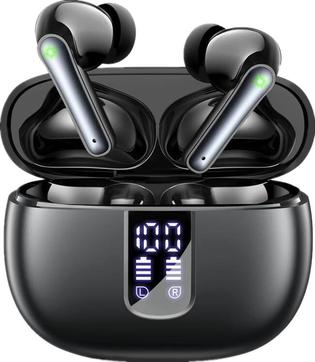 Trigiz - Wireless Earbuds Bluetooth 5.3-48H Playtime, Built-in Mic, LED Charging Case, IP7 Waterproof for Phones, Laptop, Sports - Black