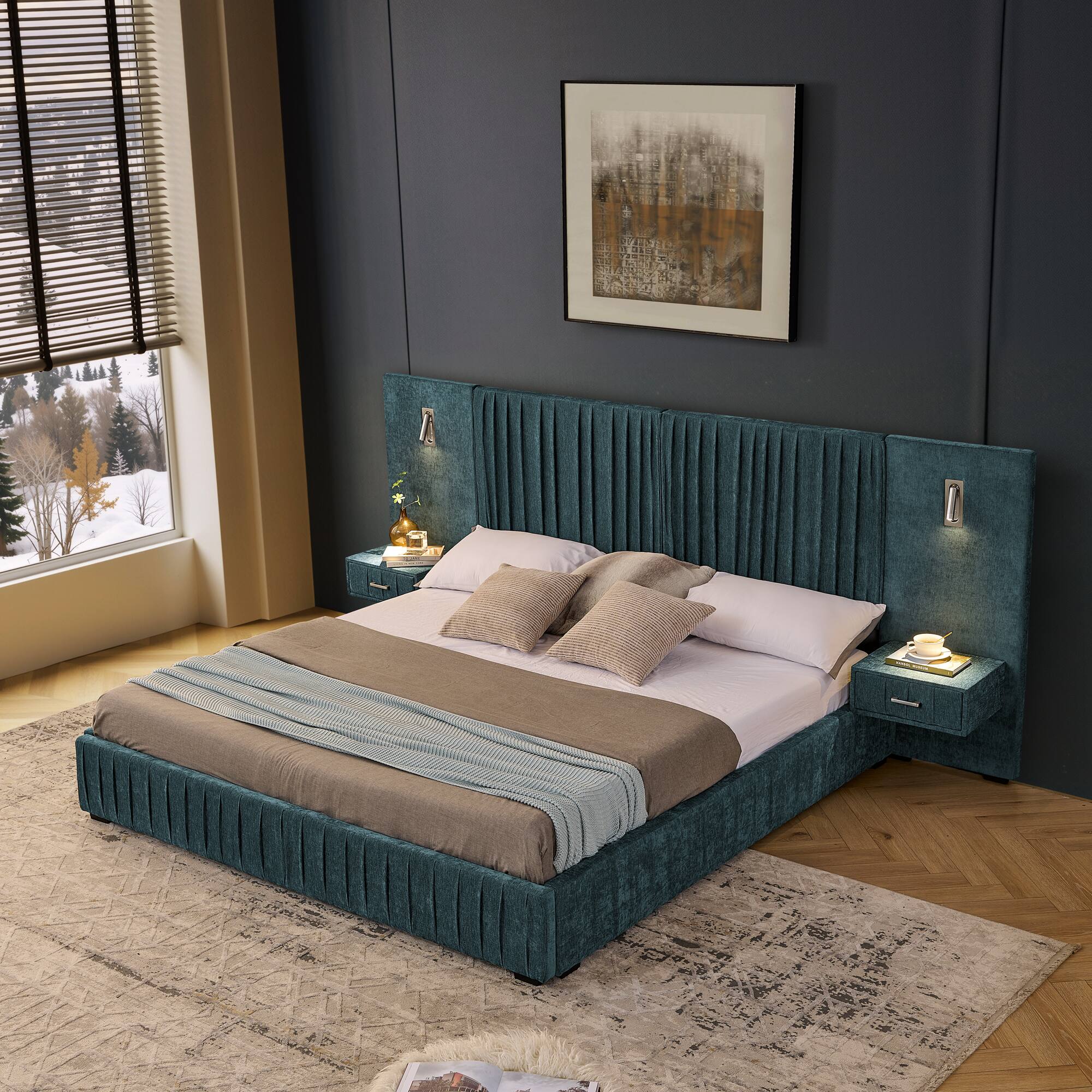 Angle. Anysun - King Chenille Upholstered Platform Bed with Pleated Design & Headboard - Solid Frame, Side Table, No Box Spring Needed - Blue.