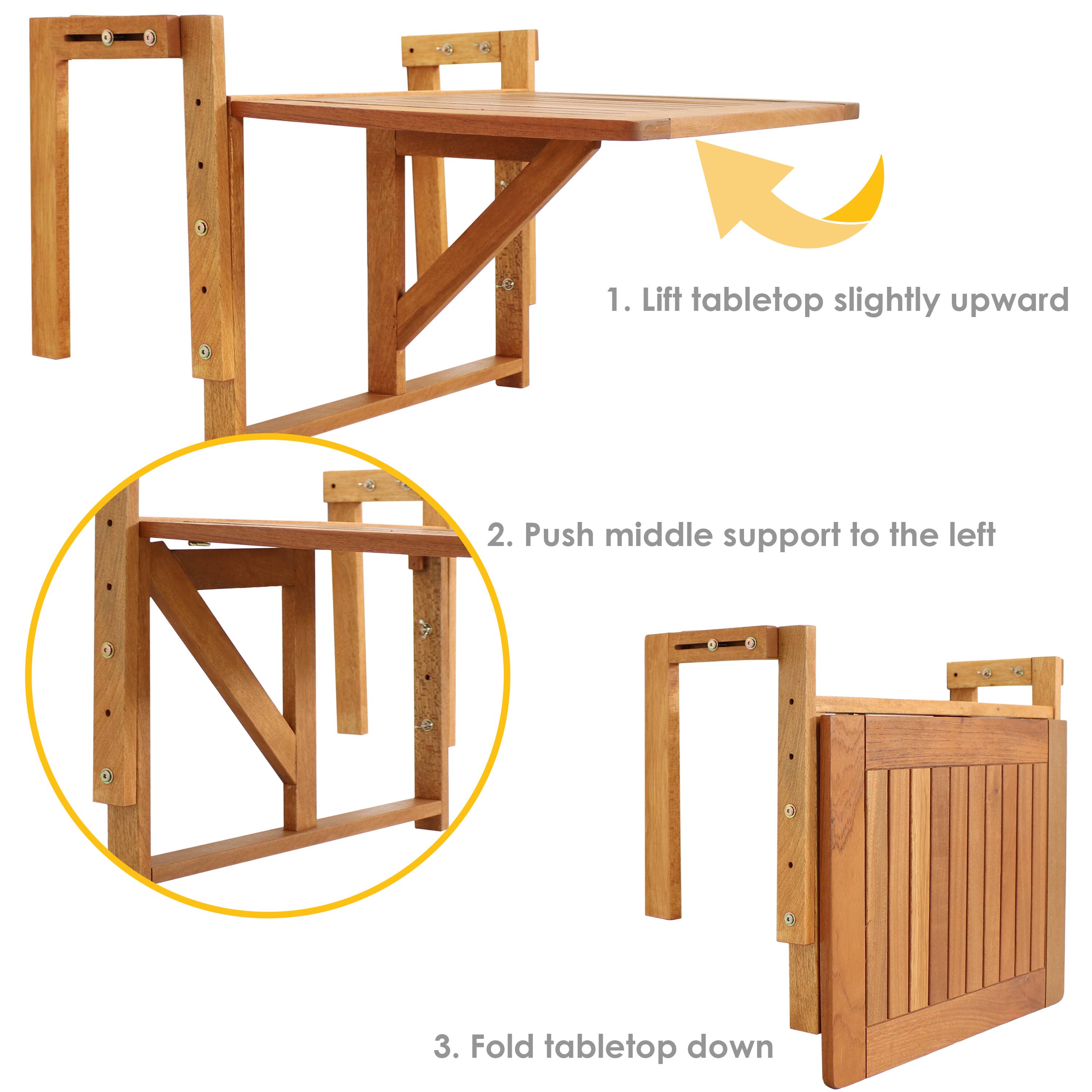 1. Lift tabletop slightly upward  
2. Push middle support to the left  
3. Fold tabletop down