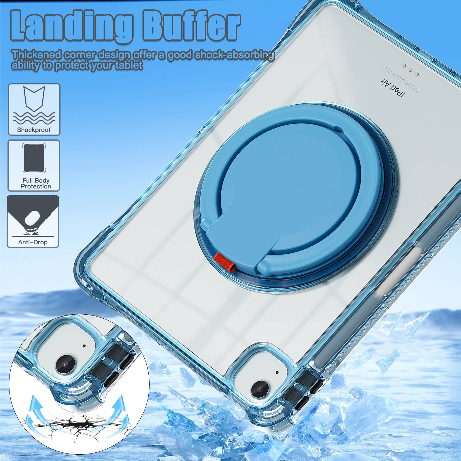 Landing Buffer

Thickened corner design offers a good shock-absorbing ability to protect your tablet

- Shockproof
- Full Body Protection
- Anti-Drop