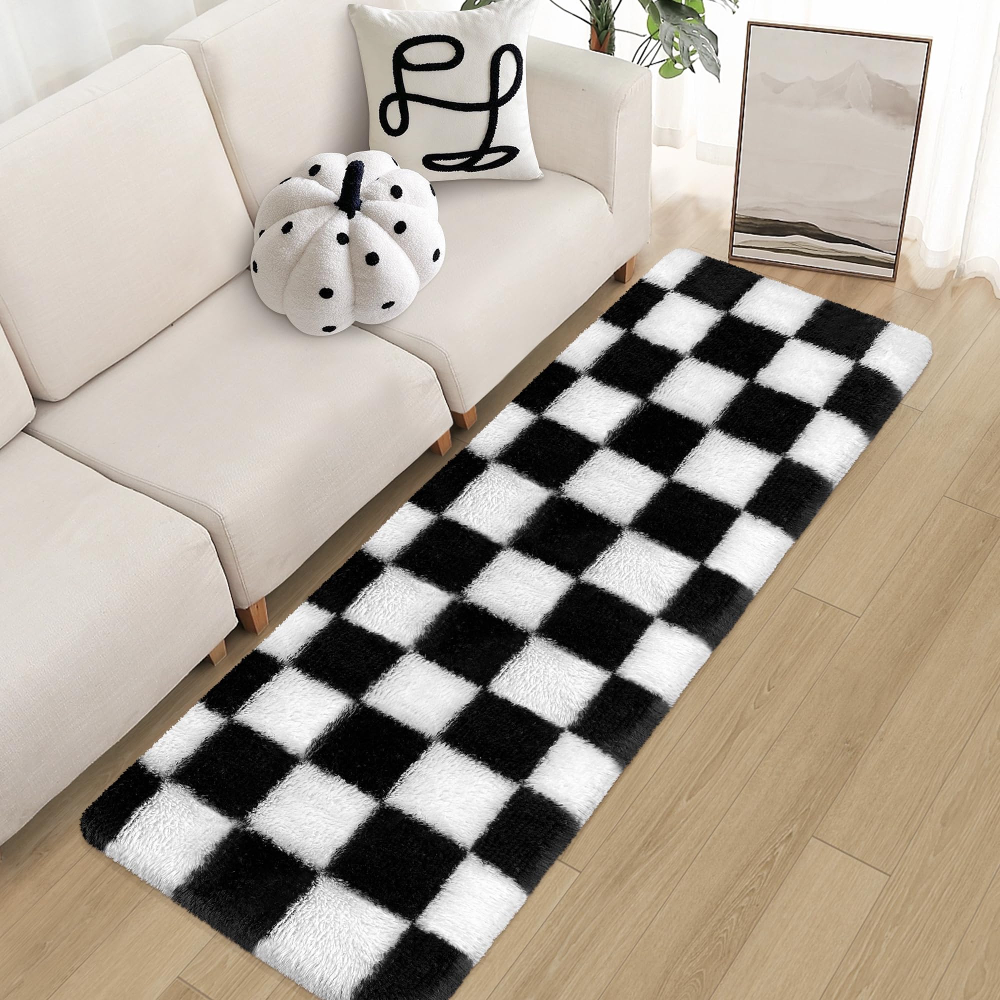 Left. Fabibe - Soft Fuzzy Fluffy Rug For Bedroom Living Room Black And White Checkered Shag Runner 2x6 Ft Hallway Plush Shaggy - Beige and White-6' x 2' (Runner).