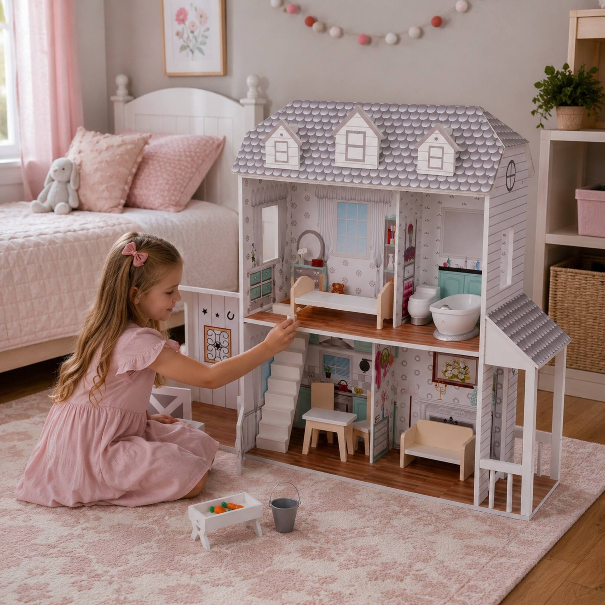 Alt View 1. Teamson Kids - 2-Story Farmhouse Dollhouse with Stable.