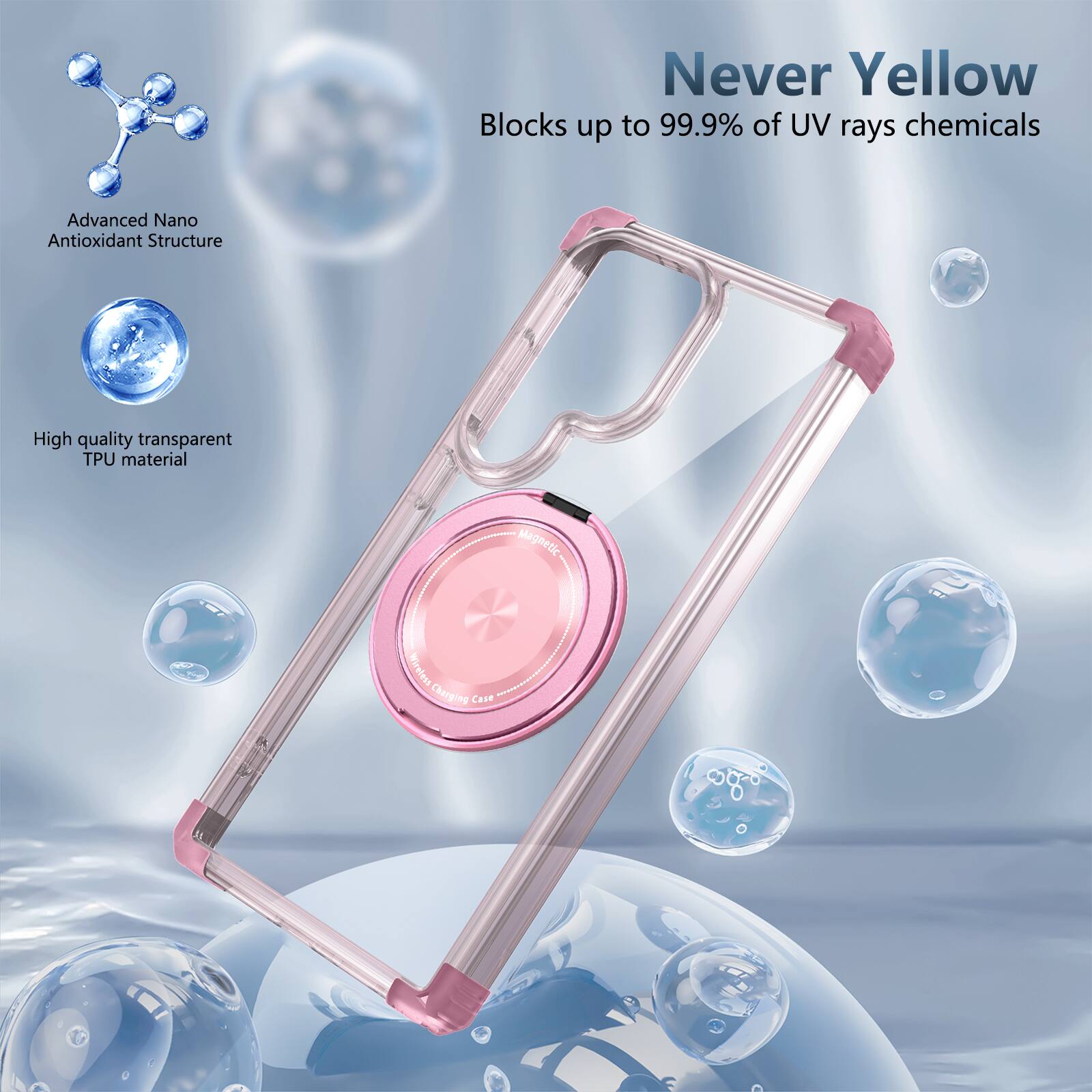 Never Yellow  
Blocks up to 99.9% of UV rays chemicals  
Advanced Nano Antioxidant Structure  
High quality transparent TPU material  
Magnetic Charging Case