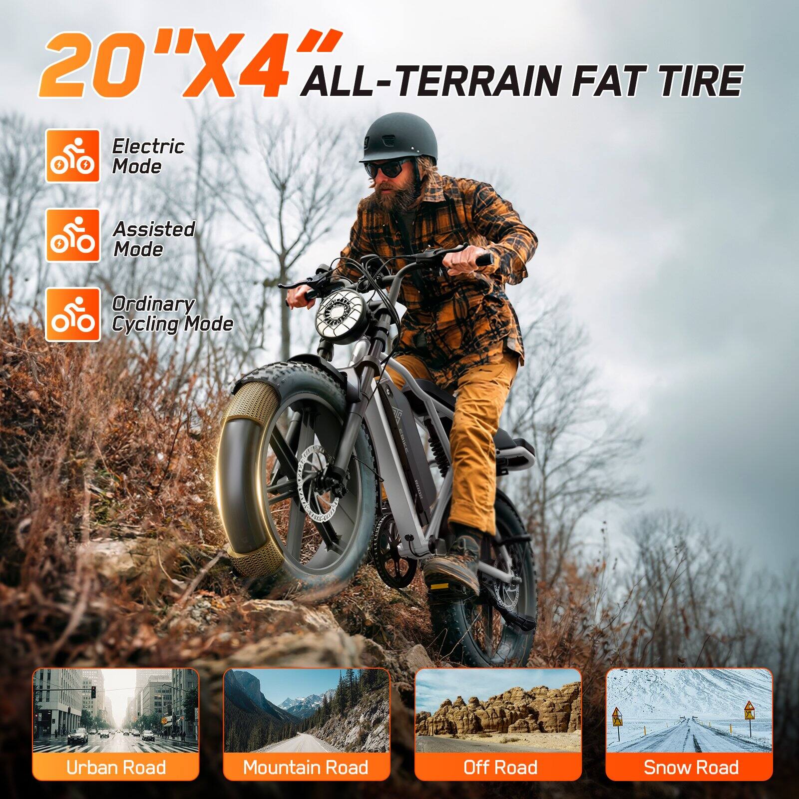 20"X4" ALL-TERRAIN FAT TIRE

Electric Mode  
Assisted Mode  
Ordinary Cycling Mode  

Urban Road  
Mountain Road  
Off Road  
Snow Road