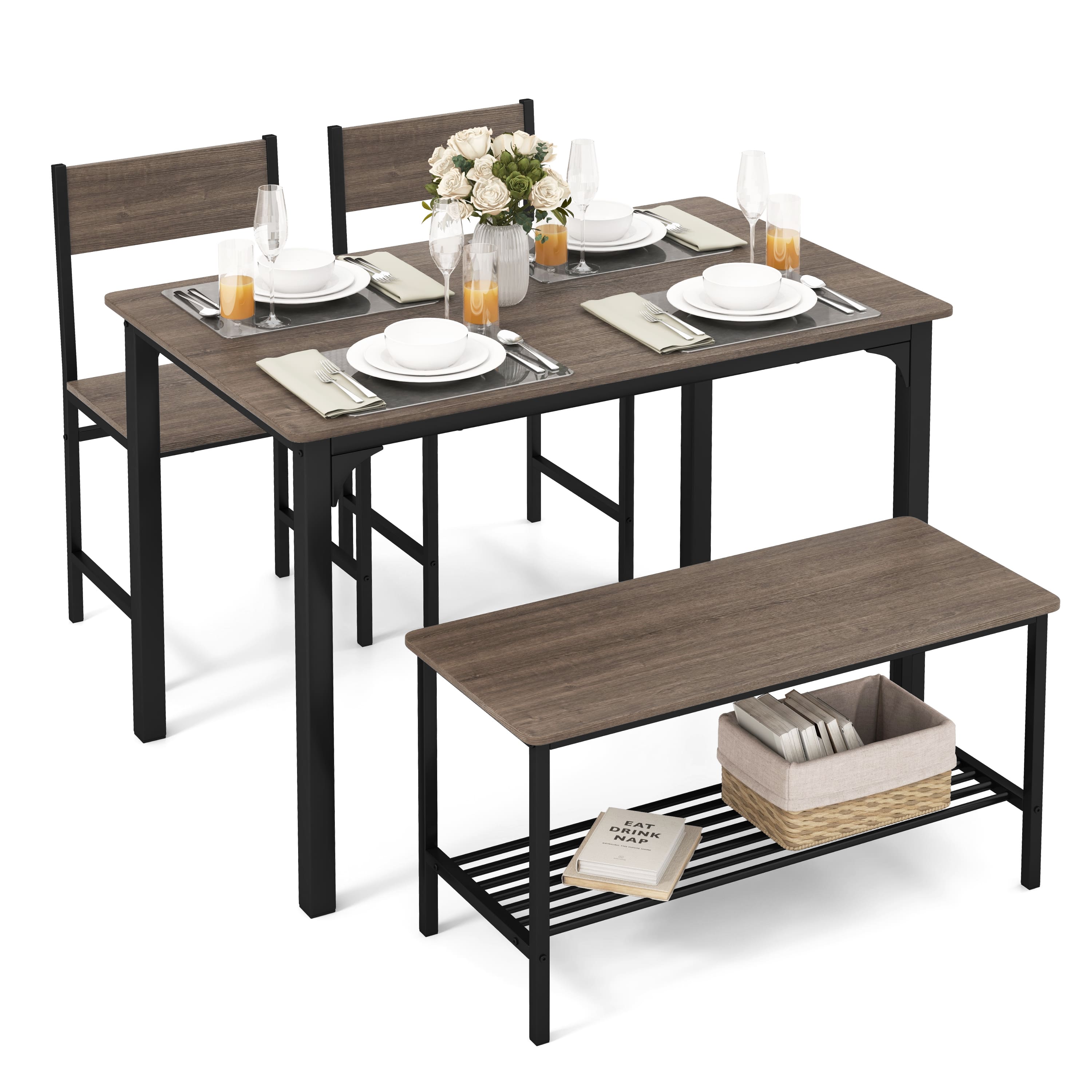 Ecooso - Rustic 4 Piece Dining Table Set with 2 Chairs and Bench for Farmhouse Kitchen - Gray