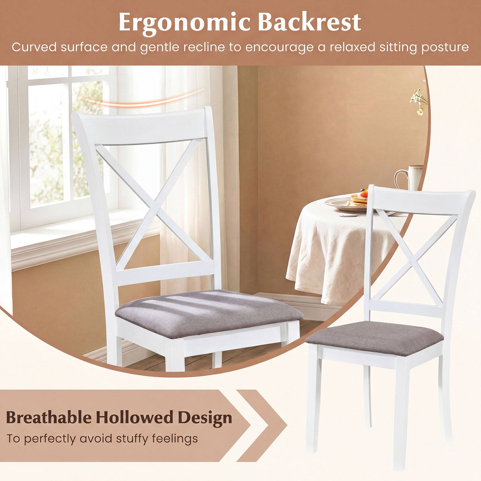 Ergonomic Backrest  
Curved surface and gentle recline to encourage a relaxed sitting posture  

Breathable Hollowed Design  
To perfectly avoid stuffy feelings