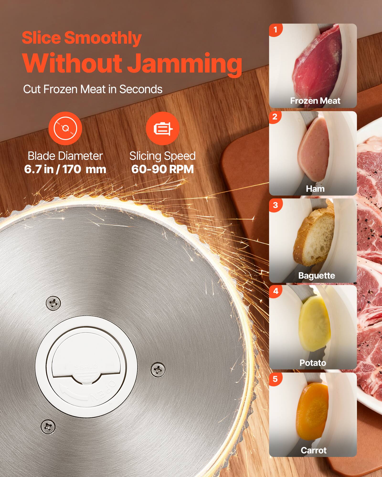 Slice Smoothly Without Jamming  
Cut Frozen Meat in Seconds  
Blade Diameter: 6.7 in / 170 mm  
Slicing Speed: 60-90 RPM  
1. Frozen Meat  
2. Ham  
3. Baguette  
4. Potato  
5. Carrot