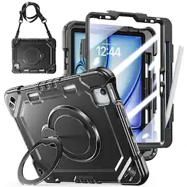 Dteck - Case Built-in Screen Protector for iPad Air 11'' 2026/iPad Pro 11'' 2022 Pencil Holder Ring Stand Cover+Crossbody Strap - Black