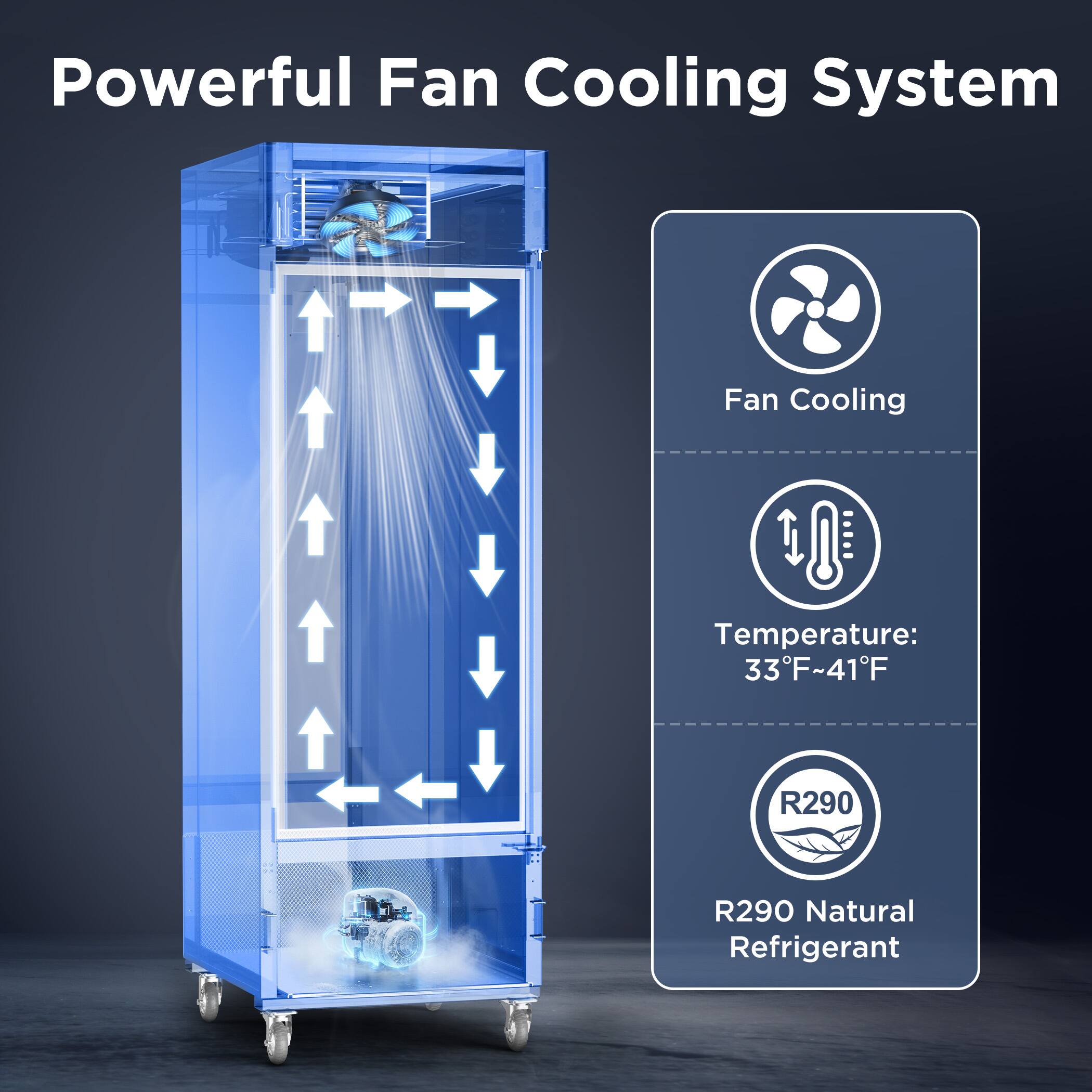 Powerful Fan Cooling System

Fan Cooling  
Temperature: 33°F-41°F  
R290 Natural Refrigerant