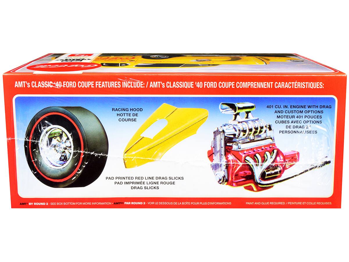 AMT's CLASSIC '40 FORD COUPE FEATURES INCLUDE:  
AMT's CLASSIQUE '40 FORD COUPE COMPRENNENT CARACTÉRISTIQUES:  

- RACING HOOD / HOTTÉE DE COURSE  
- 401 CU. IN. ENGINE WITH DRAG AND CUSTOM OPTIONS / MOTEUR 401 POUCES CUBES AVEC OPTIONS DE DRAG ET PERSONNALISÉES  
- PAD PRINTED RED LINE DRAG SLICKS / PAD IMPRIMÉE LIGNE ROUGE DRAG SLICKS  

AMT BY ROUND 2 - SEE BOX BOTTOM FOR MORE INFORMATION / AMT PAR ROUND 2 - VOIR LE DESSOUS DE LA BOÎTE POUR PLUS D'INFORMATIONS  

PAINT AND GLUE REQUIRED. / PEINTURE ET COLLE REQUISES.