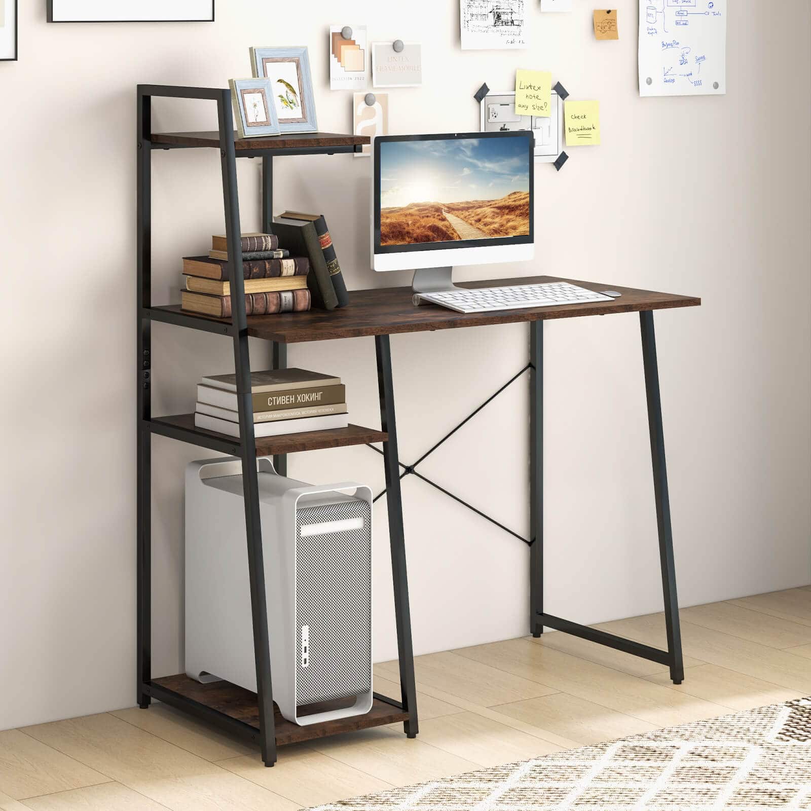 Costway - Modern Computer Desk with 3-tier Storage Shelf CPU Stand Metal Frame for Bedroom - Rustic Brown & Black