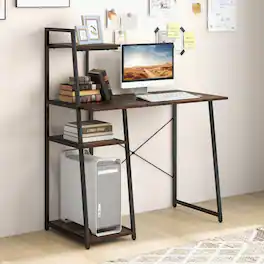 Costway - Modern Computer Desk with 3-tier Storage Shelf CPU Stand Metal Frame for Bedroom - Rustic Brown & Black