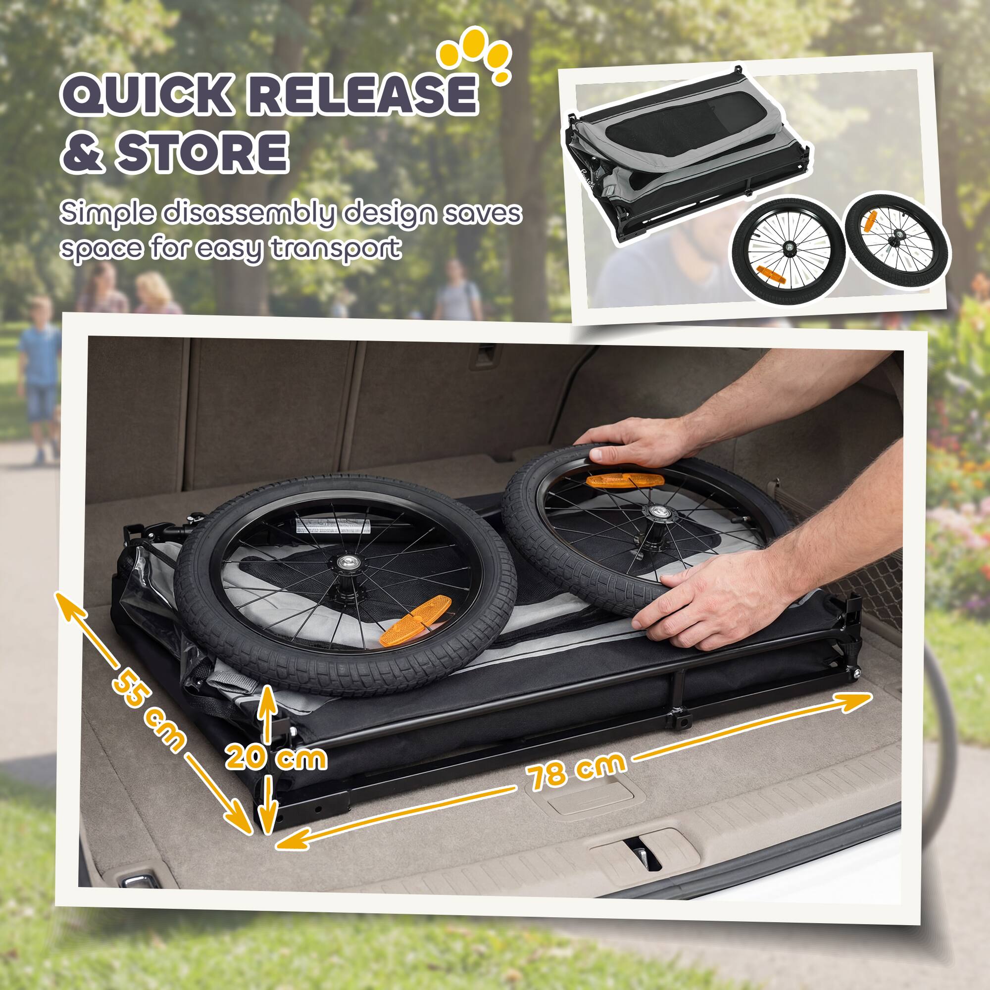 QUICK RELEASE & STORE

Simple disassembly design saves space for easy transport

55 cm  
20 cm  
78 cm