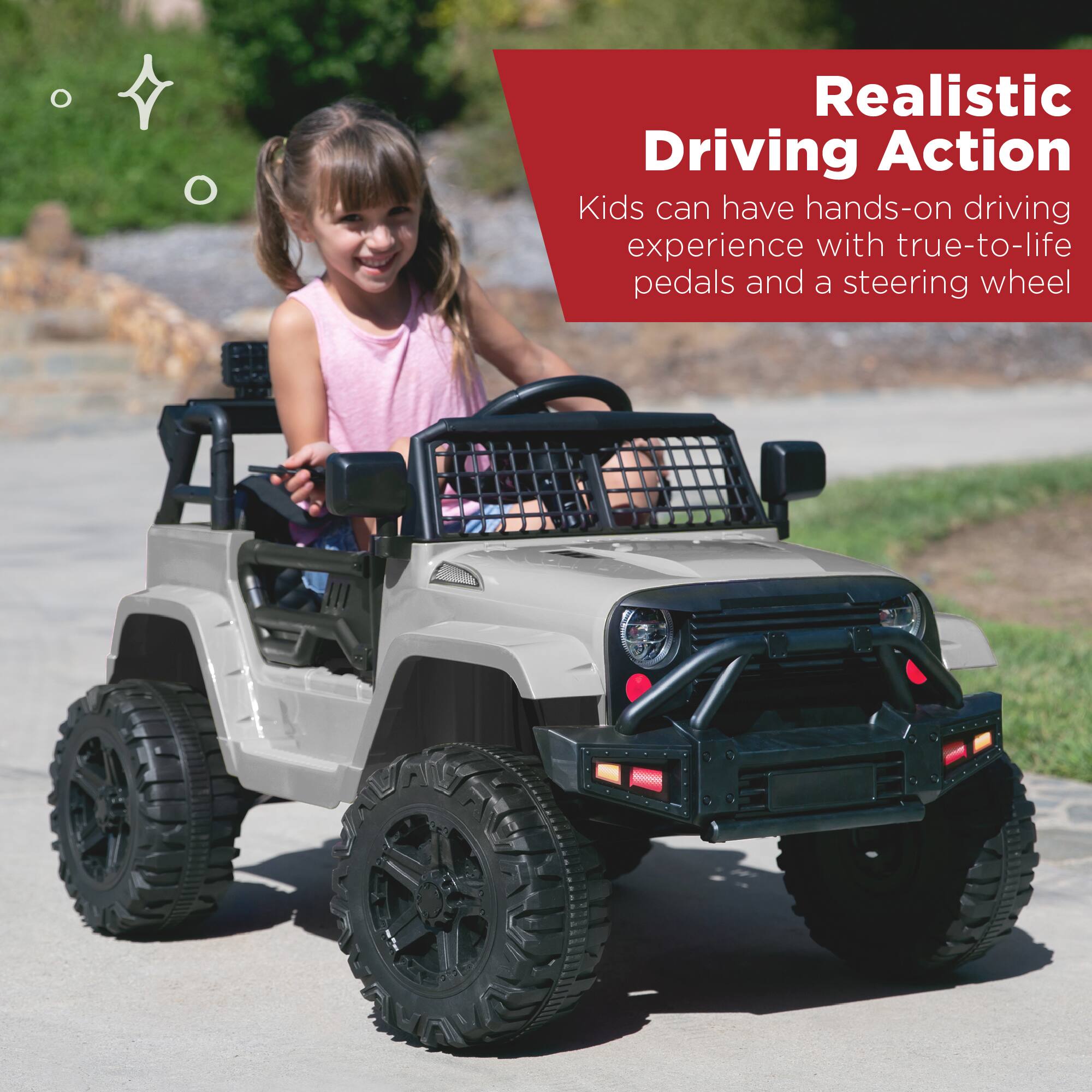 Realistic Driving Action: Kids can have hands-on driving experience with true-to-life pedals and a steering wheel.