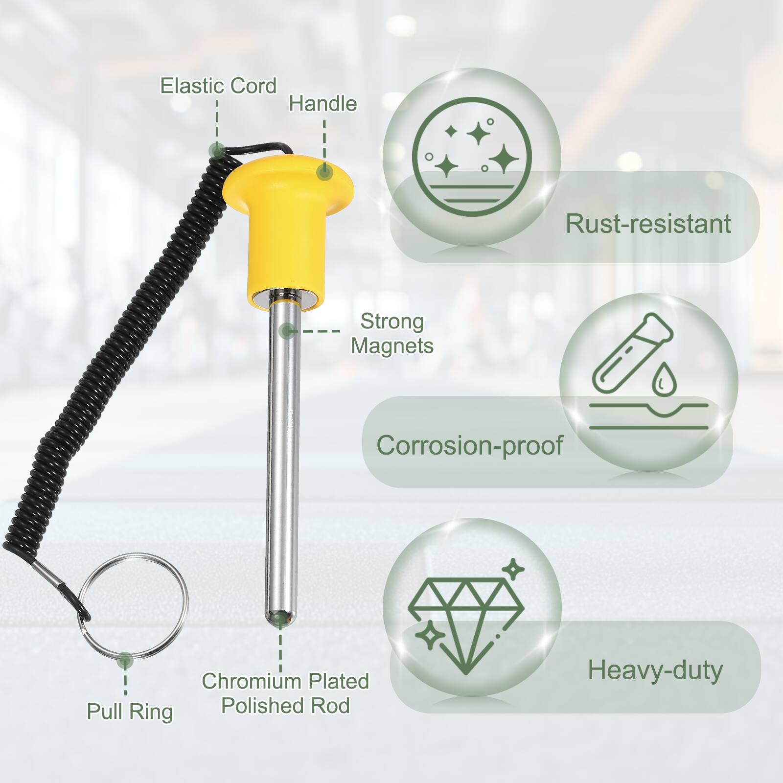 Elastic Cord Handle  
Rust-resistant  
Strong Magnets  
Corrosion-proof  
Chromium Plated Polished Rod  
Heavy-duty
