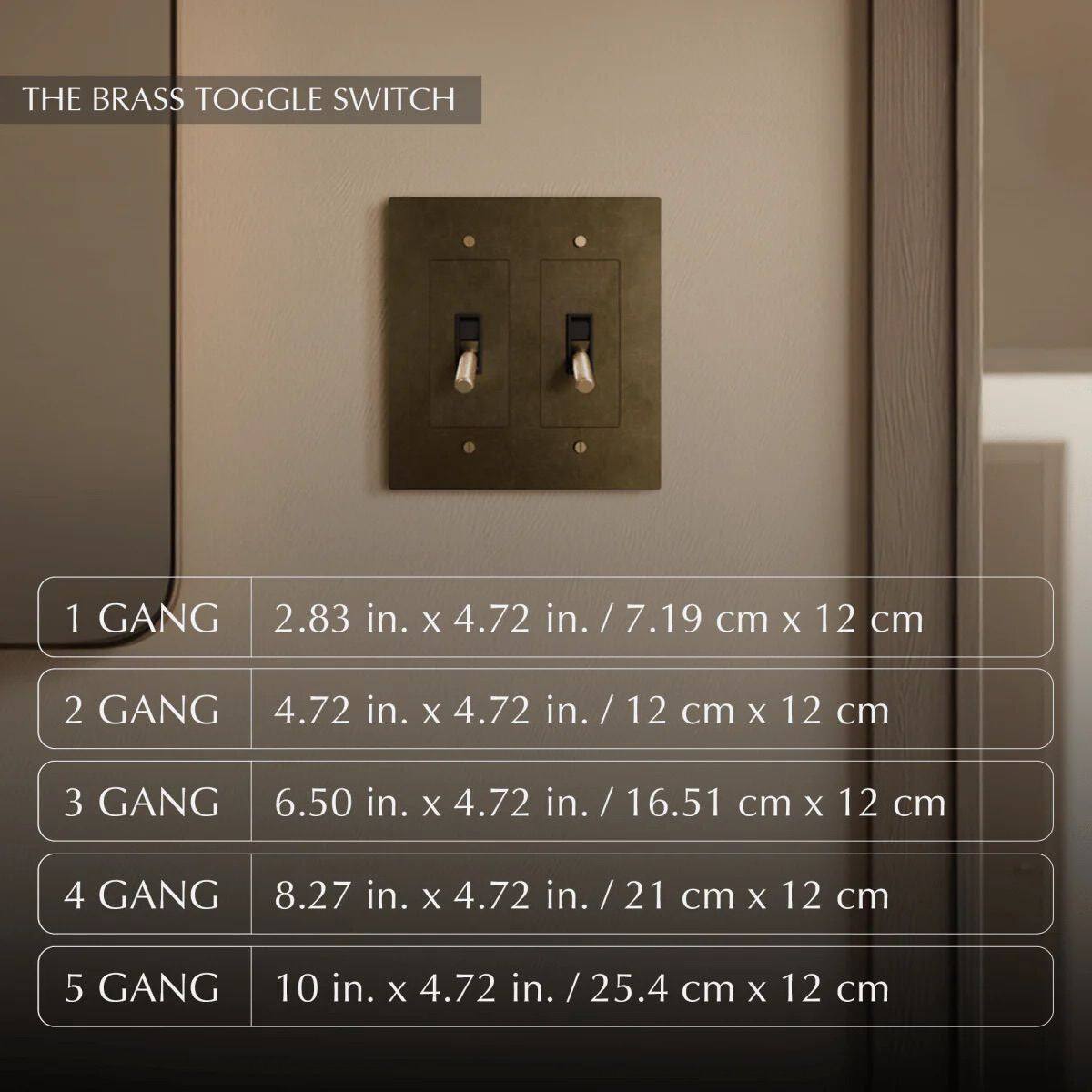 THE BRASS TOGGLE SWITCH

1 GANG 2.83 in. X 4.72 in. / 7.19 cm X 12 cm  
2 GANG 4.72 in. X 4.72 in. / 12 cm X 12 cm  
3 GANG 6.50 in. X 4.72 in. / 16.51 cm X 12 cm  
4 GANG 8.27 in. X 4.72 in. / 21 cm X 12 cm  
5 GANG 10 in. X 4.72 in. / 25.4 cm X 12 cm