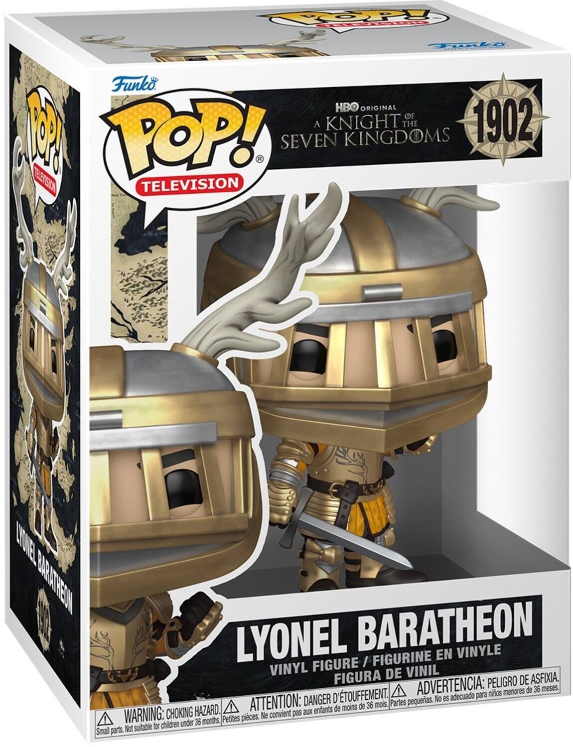 Funko POP! TELEVISION

HBO ORIGINAL  
A KNIGHT OF THE SEVEN KINGDOMS

1902

LYONEL BARATHEON  
VINYL FIGURE / FIGURINE EN VINYLE / FIGURA DE VINIL

ADVERTENCIA: PELIGRO DE ASFIXIA. menores de 36 meses.  
DANGER: CHOKING HAZARD. Small parts. Not suitable for children under 36 months.  
ATTENTION: aux enfants de moins de 36 mois. Petites pièces. Ne convient pas.