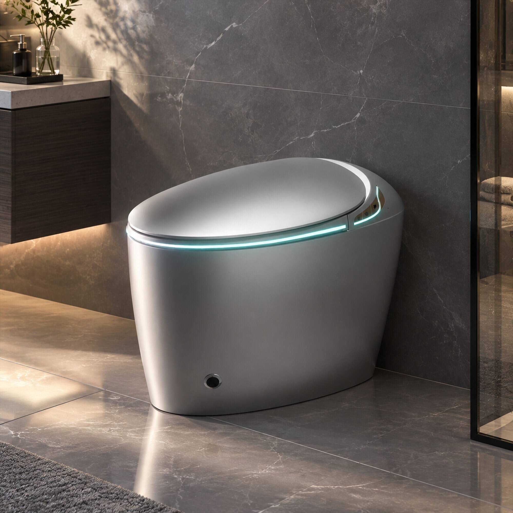 Left. RYHNUYNE - Unique Smart Bidet Toilet With Heated Seat, Auto Open Close Foot Sensor LED Display Nightlight Warm Water Dryer In Grey - Grey.