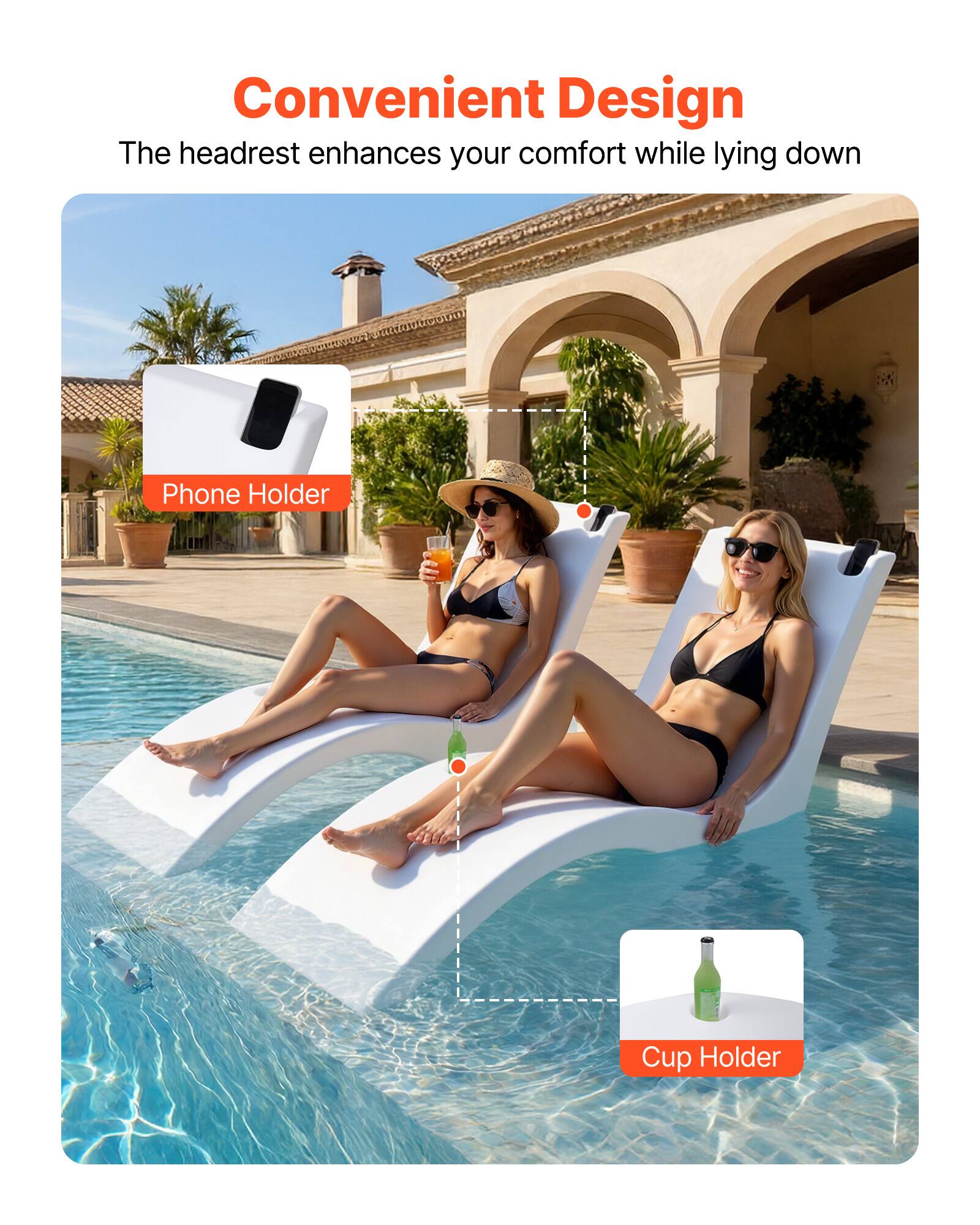 Convenient Design  
The headrest enhances your comfort while lying down  

Phone Holder  
Cup Holder