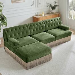 Anysun - 3-Seat Velvet Modular Sectional - Cloud Design, Tassel Skirt, Button Tufted, Foam Cushions & Wood Base for Living Room - Green