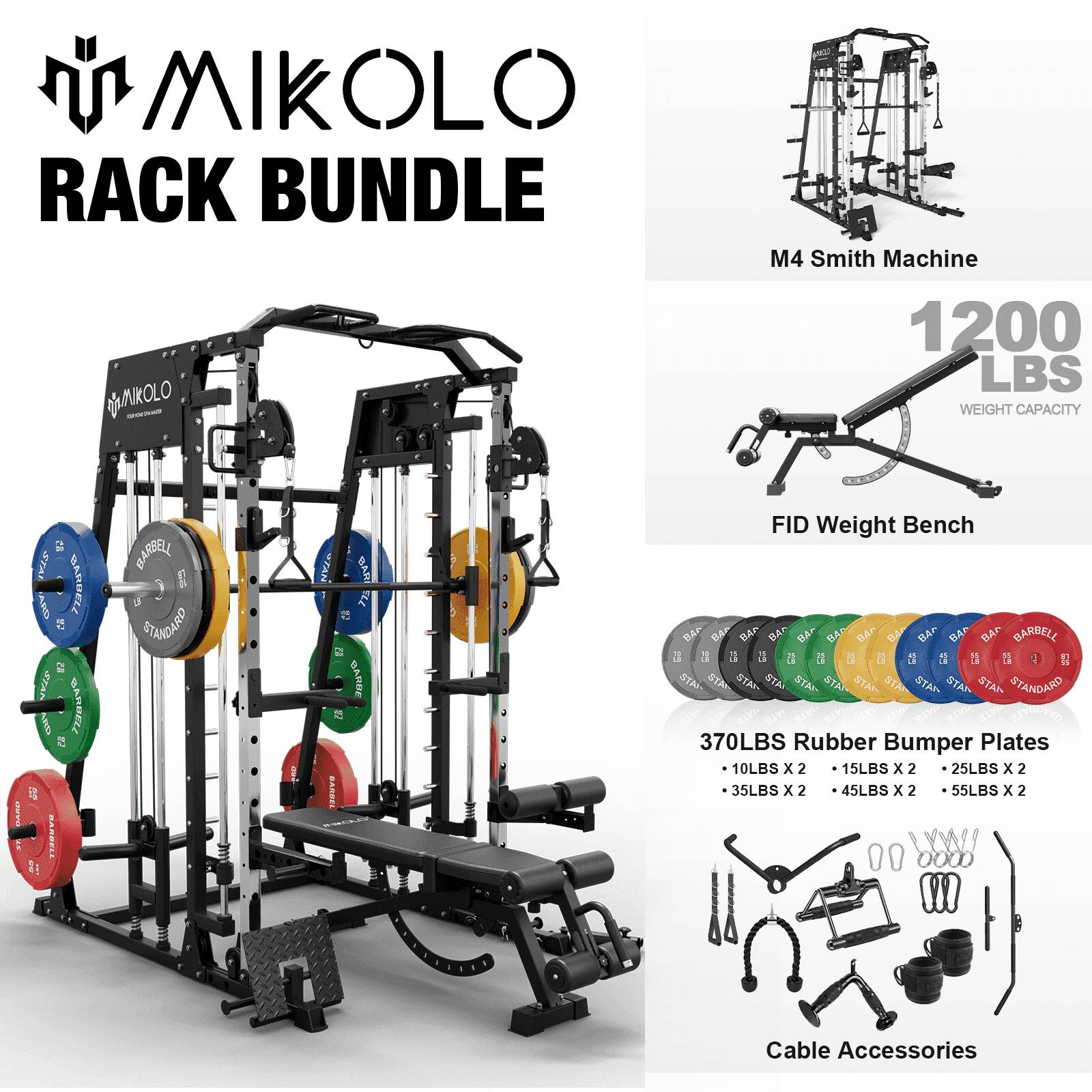 Mikolo - Smith Machine,2200 lbs Power Rack Cage,Power Rack with 800LB CapacityWeight Bench and 370 lbs Weight Plate - Black