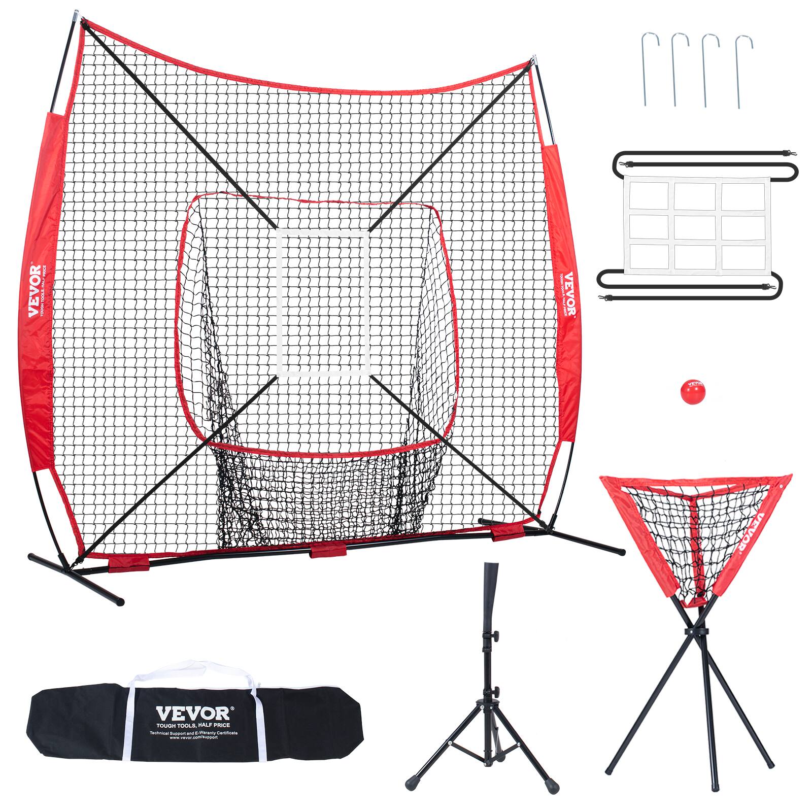 VEVOR - 7x7 ft Baseball Softball Practice Net, Portable Baseball Training Net for Hitting Catching Pitching - Red