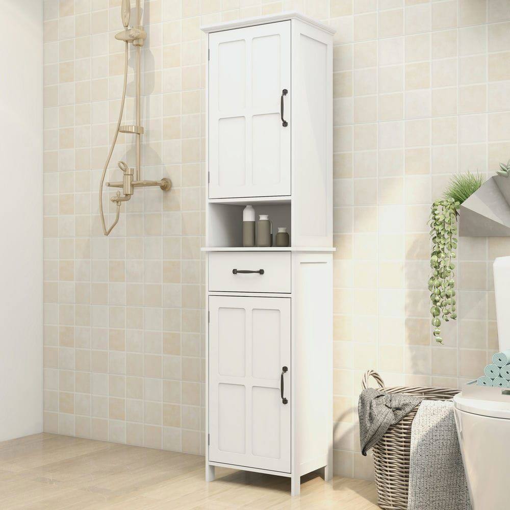 Angle. Kadyn - Double Door Narrow Height Slim Floor Standing Cabinet, Floor Cabinet for Bathroom, Living Room, Entryway, Kitchen, White - White.