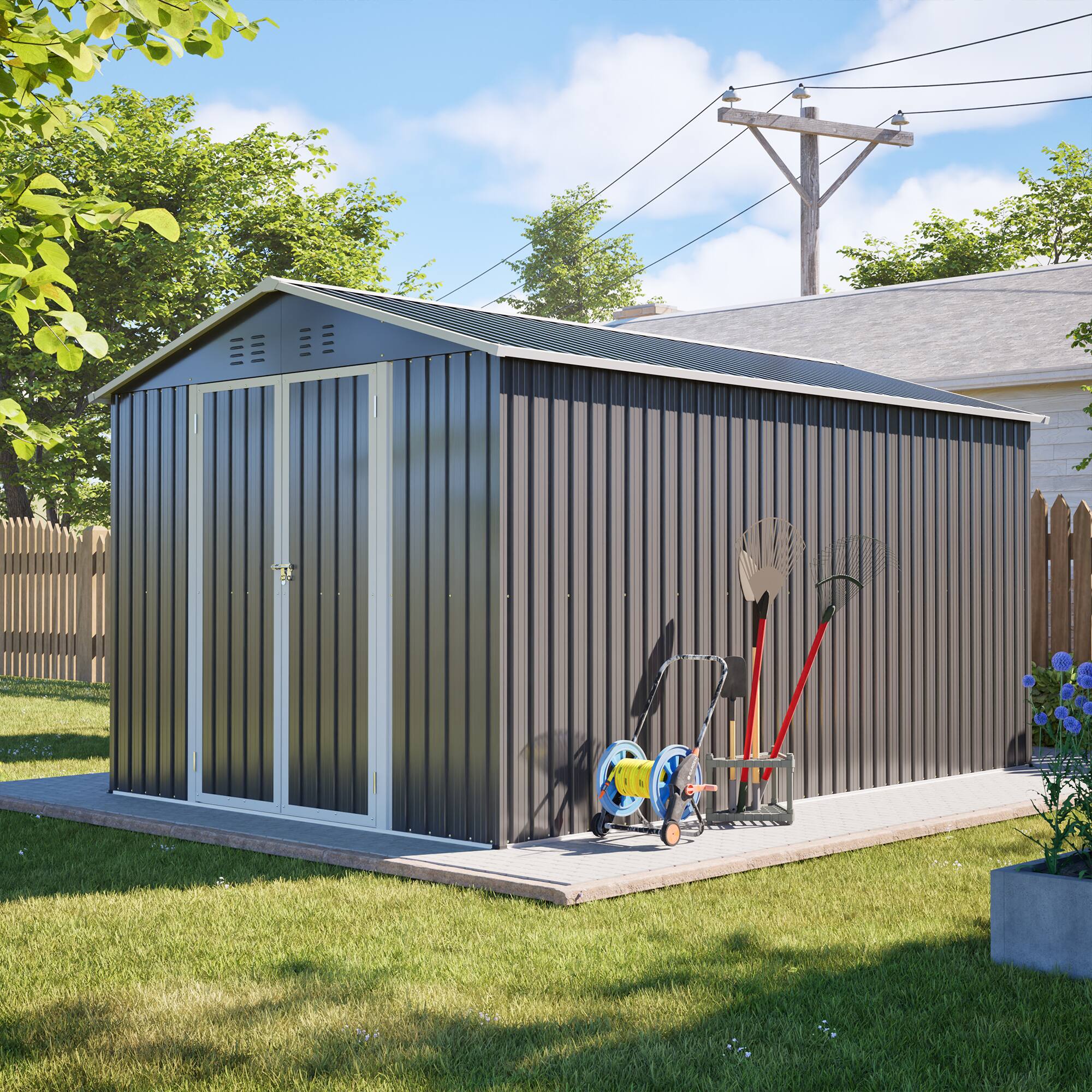 Alt View 10. Loheer - Loheer 8x12 Metal Shed Galvanized Steel Outdoor Storage Shed Lockable Garden Tool Shed with Aluminum Frame Grey.