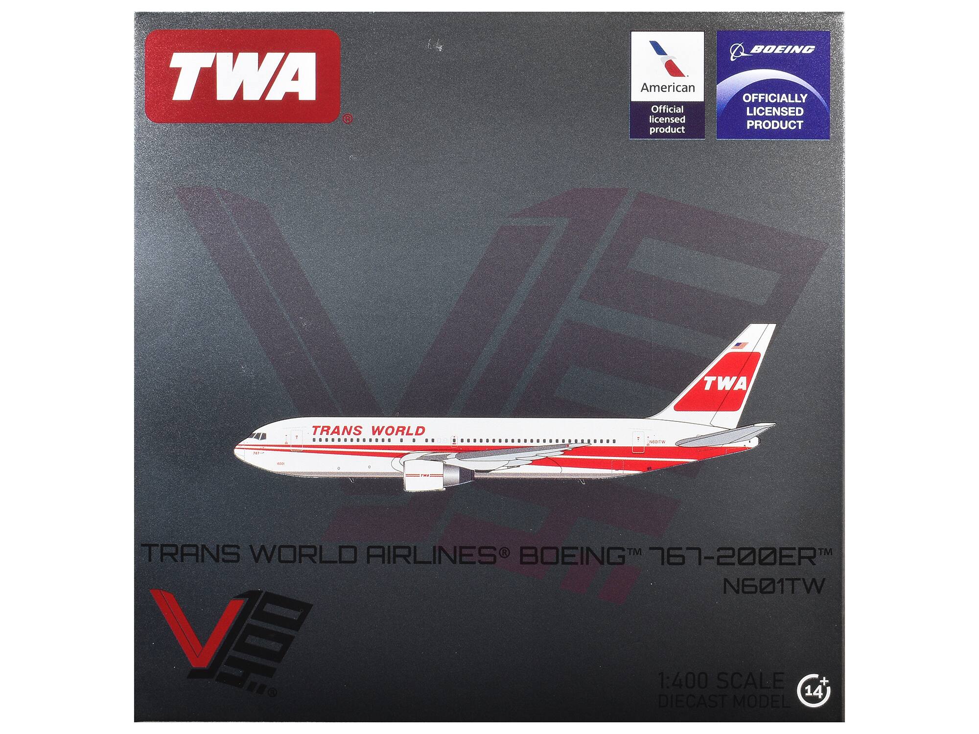 TWA  
American Official licensed product  
BOEING OFFICIALLY LICENSED PRODUCT  
TWA  
TRANS WORLD  
100%  
THE  
TRANS WORLD AIRLINES™ BOEING 767-200ER N601TW 1:400 DIECAST SCALE MODEL 14+